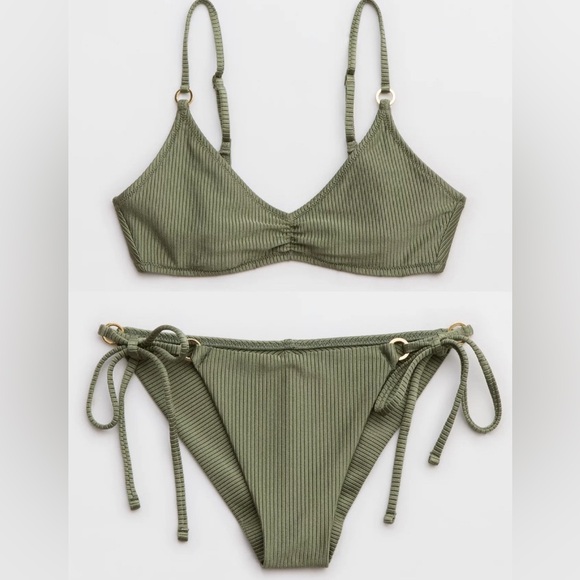 aerie Other - NWT Aerie FULL SET Beach Babe Shine Rib Voop Top + Tie Bottoms Olive Green - S